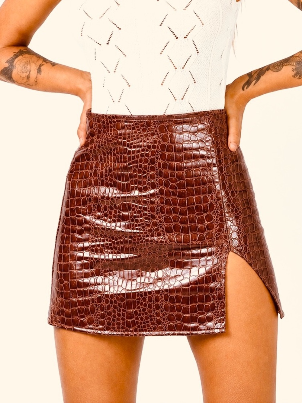 Princess Polly Motel Rocks Wren Brown Crocodile Faux Leather Mini Skirt